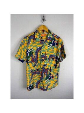 Negative Space Mens Dragon Print Button Up Shirt Yellow Green Checkered Medium
